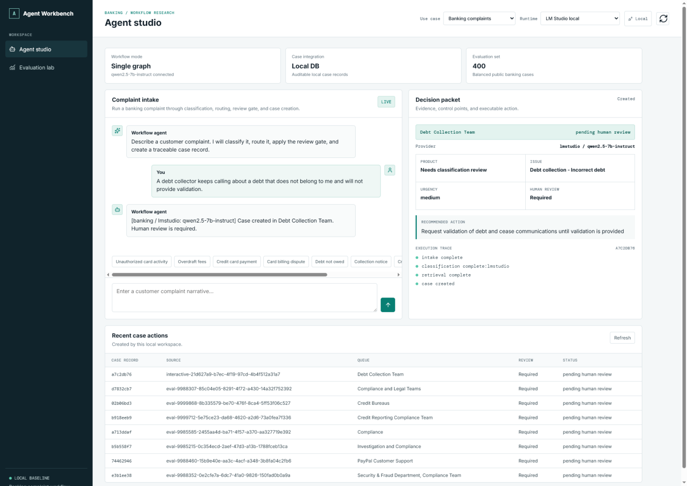 Agent studio showing a banking complaint workflow, decision packet, execution trace, queue routing, and pending human review